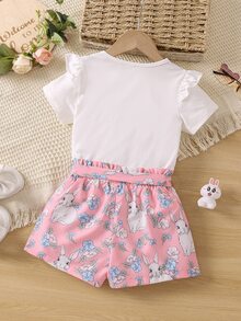 SHEIN 小女童兔子印花荷葉邊T恤和紙袋腰短褲