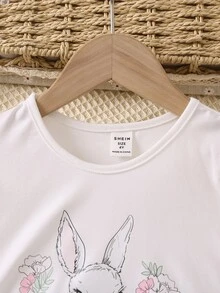 SHEIN 小女童兔子印花荷葉邊T恤和紙袋腰短褲