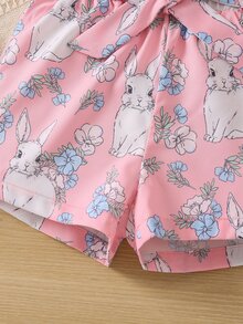 SHEIN 小女童兔子印花荷葉邊T恤和紙袋腰短褲