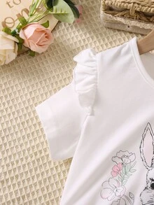 SHEIN 小女童兔子印花荷葉邊T恤和紙袋腰短褲