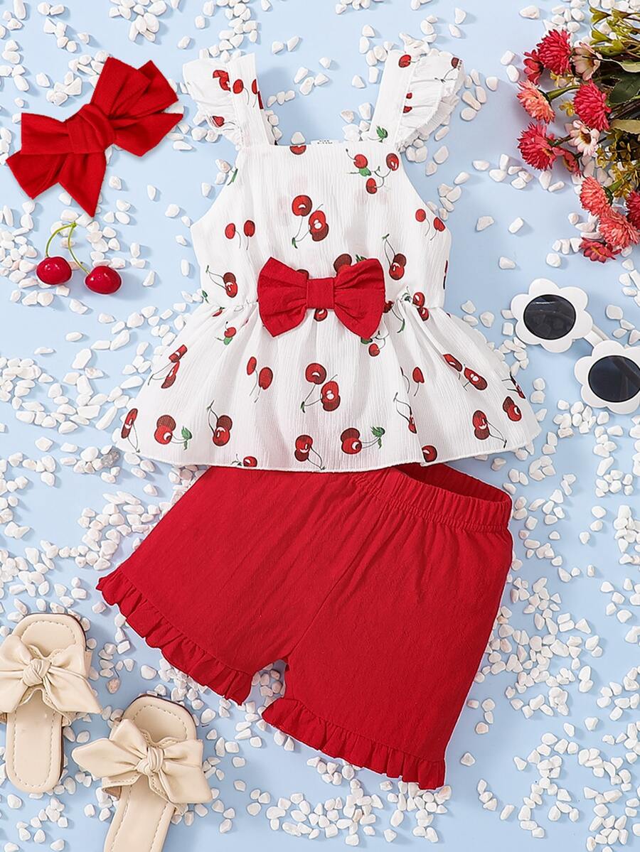 Baby Cherry Print Bow Front Ruffle Trim Top & Frill Hem Shorts - Red and White - View 1