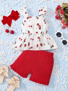 Baby Cherry Print Bow Front Ruffle Trim Top & Frill Hem Shorts - Red and White - View 2