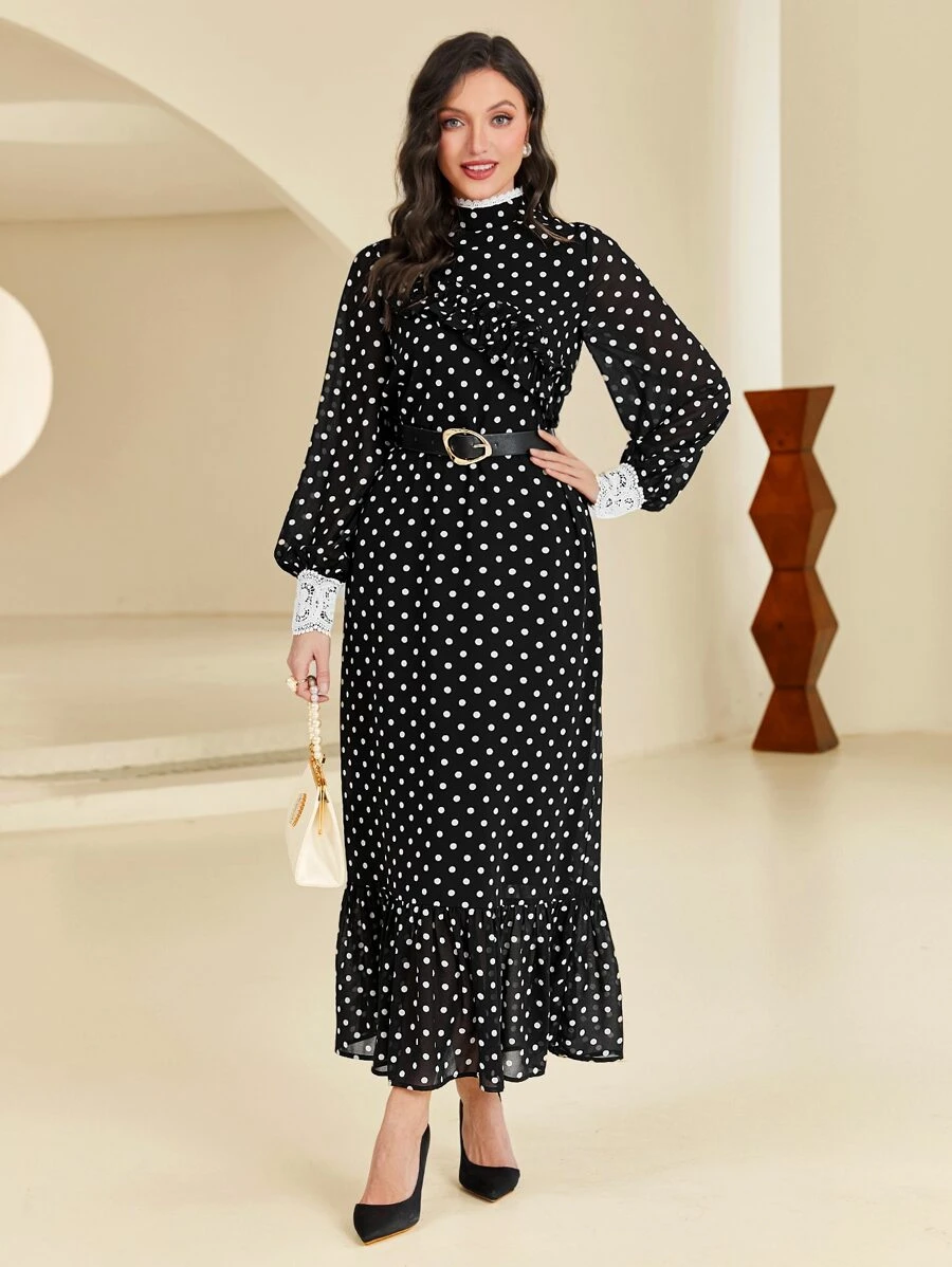 Modelyn Polka Dot Print Contrast Lace Ruffle Hem Dress With Belt - Black and White - View 1