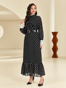 Modelyn Polka Dot Print Contrast Lace Ruffle Hem Dress With Belt - Black and White - View 2