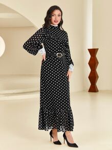 Modelyn Polka Dot Print Contrast Lace Ruffle Hem Dress With Belt - Black and White - View 3