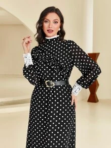 Modelyn Polka Dot Print Contrast Lace Ruffle Hem Dress With Belt - Black and White - View 4