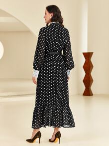 Modelyn Polka Dot Print Contrast Lace Ruffle Hem Dress With Belt - Black and White - View 5