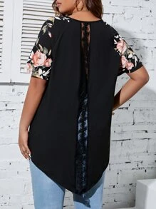 SHEIN LUNE Camiseta con estampado floral de manga raglán asimétrico - Negro - Ver 1