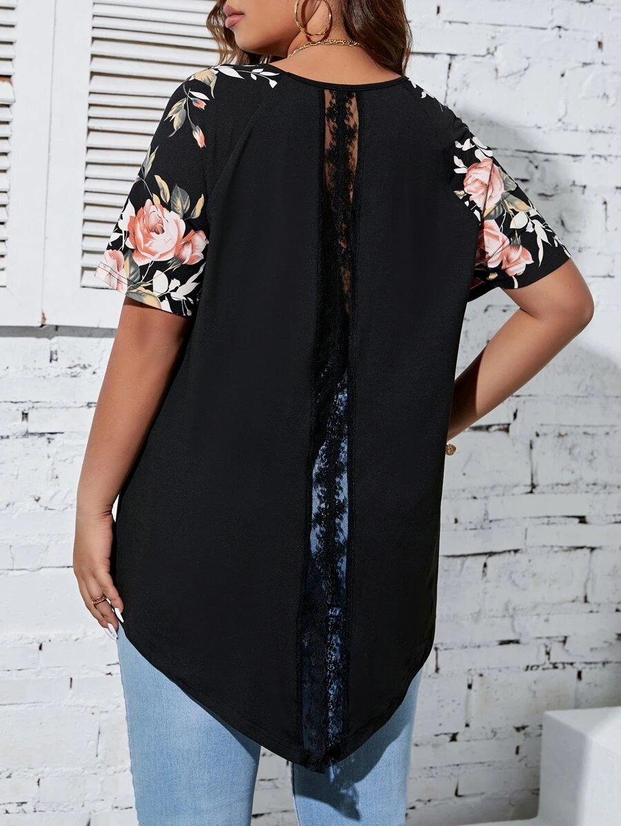 SHEIN LUNE Camiseta con estampado floral de manga raglán asimétrico - Negro - Ver 1