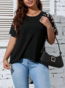 SHEIN LUNE Camiseta con estampado floral de manga raglán asimétrico - Negro - Ver 4