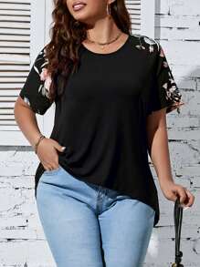 SHEIN LUNE Camiseta con estampado floral de manga raglán asimétrico - Negro - Ver 5
