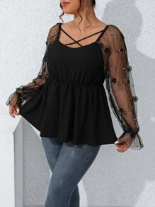 Celure Plus Contrast Floral Mesh Flounce Sleeve Peplum Blouse - Black - View 3