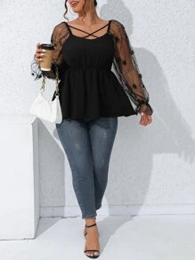 Celure Plus Contrast Floral Mesh Flounce Sleeve Peplum Blouse - Black - View 5