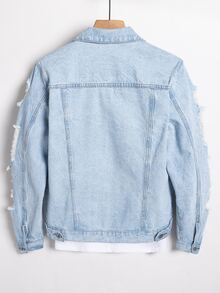 Manfinity Men 1pc Ripped Frayed Flap Pocket Denim Jacket - Light Wash - View 2