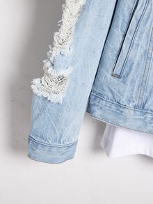 Manfinity Men 1pc Ripped Frayed Flap Pocket Denim Jacket - Light Wash - View 3