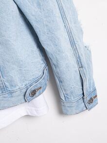 Manfinity Men 1pc Ripped Frayed Flap Pocket Denim Jacket - Light Wash - View 7