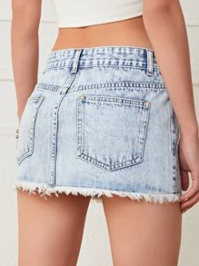 破洞毛邊牛仔半身裙 - 淺色水洗藍 - 查看 2