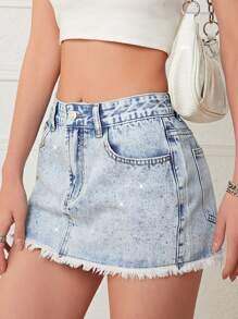 破洞毛邊牛仔半身裙 - 淺色水洗藍 - 查看 3
