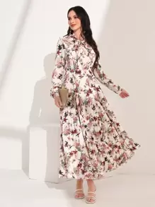 Modelyn Floral Print Tie Neck Ruffle Trim Dress - Multicolor - View 1