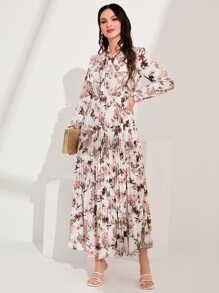 Modelyn Floral Print Tie Neck Ruffle Trim Dress - Multicolor - View 3