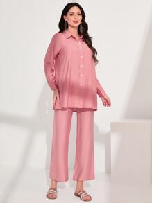 Seusyu Raglan Sleeve Button Placket Shirt & Trousers Set - Pink - View 1