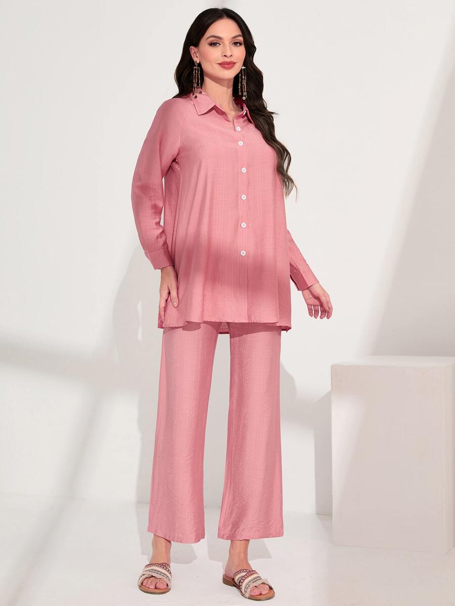 Seusyu Raglan Sleeve Button Placket Shirt & Trousers Set - Pink - View 1