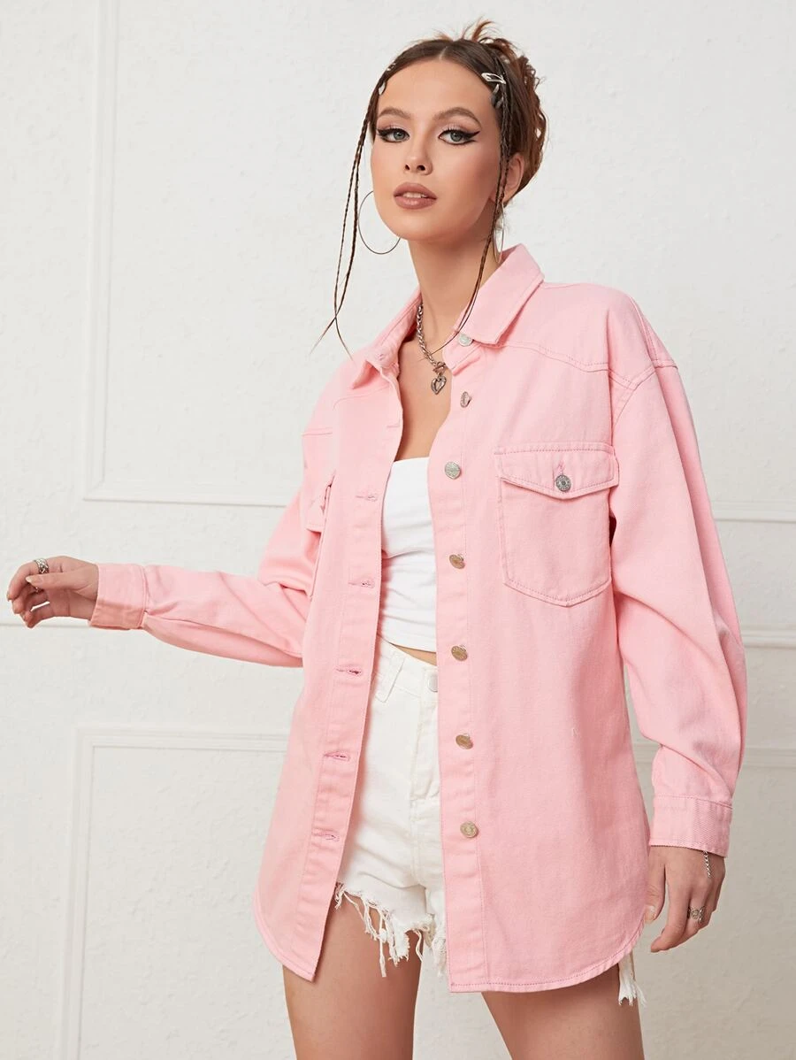 Drop Shoulder Flap Pocket Denim Shirt - Baby Pink - View 1