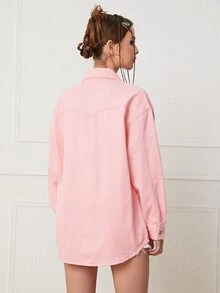 Drop Shoulder Flap Pocket Denim Shirt - Baby Pink - View 2