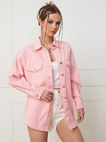Drop Shoulder Flap Pocket Denim Shirt - Baby Pink - View 3