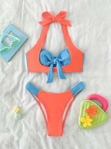 Bộ bikini đi biển mùa hè cắt cao hai tông màu phía trước - Nhiều màu - Xem 3