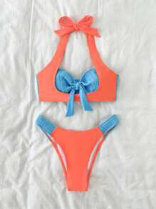 Bộ bikini đi biển mùa hè cắt cao hai tông màu phía trước - Nhiều màu - Xem 7