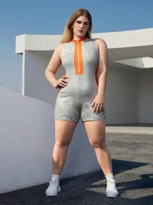 SHEIN Coolane Plus Geo Print Zip Front Unitard Romper - Multicolor - View 4