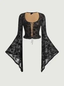 SHEIN MOD 印花前繫帶鐘形袖短款上衣