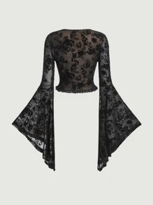 SHEIN MOD 印花前繫帶鐘形袖短款上衣