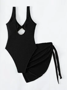 SHEIN Swim Cut Out Twist Front One Piece Swimsuit & Knot Side Beach Skirt,Summer Beach