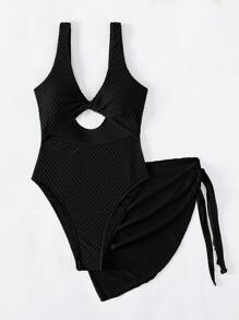 SHEIN Swim Cut Out Twist Front One Piece Swimsuit & Knot Side Beach Skirt,Summer Beach