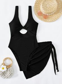 SHEIN Swim Cut Out Twist Front One Piece Swimsuit & Knot Side Beach Skirt,Summer Beach