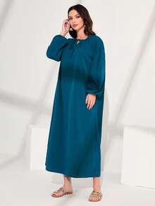 Al Najma Tie Neck Drop Shoulder Tunic Dress - Teal Blue - View 5