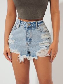 SHEIN PETITE Ripped Raw Hem Denim Shorts - Light Wash - View 1
