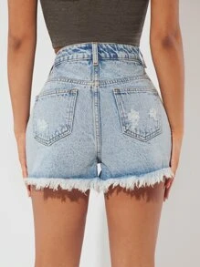 SHEIN PETITE Ripped Raw Hem Denim Shorts - Light Wash - View 2
