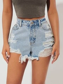 SHEIN PETITE Ripped Raw Hem Denim Shorts - Light Wash - View 3