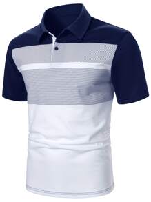 Manfinity Homme Men Striped Print Colourblock Polo Shirt - Blue and White - View 4