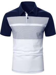 Manfinity Homme Men Striped Print Colourblock Polo Shirt - Blue and White - View 3