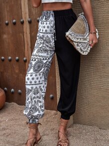 SHEIN VCAY Geo & Animal Print Elastic Waist Trousers - Black and White - View 3