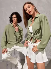 Manfinity RebelGame 1pc Pocket Patched Button Front Shirt - Mint Green - View 1