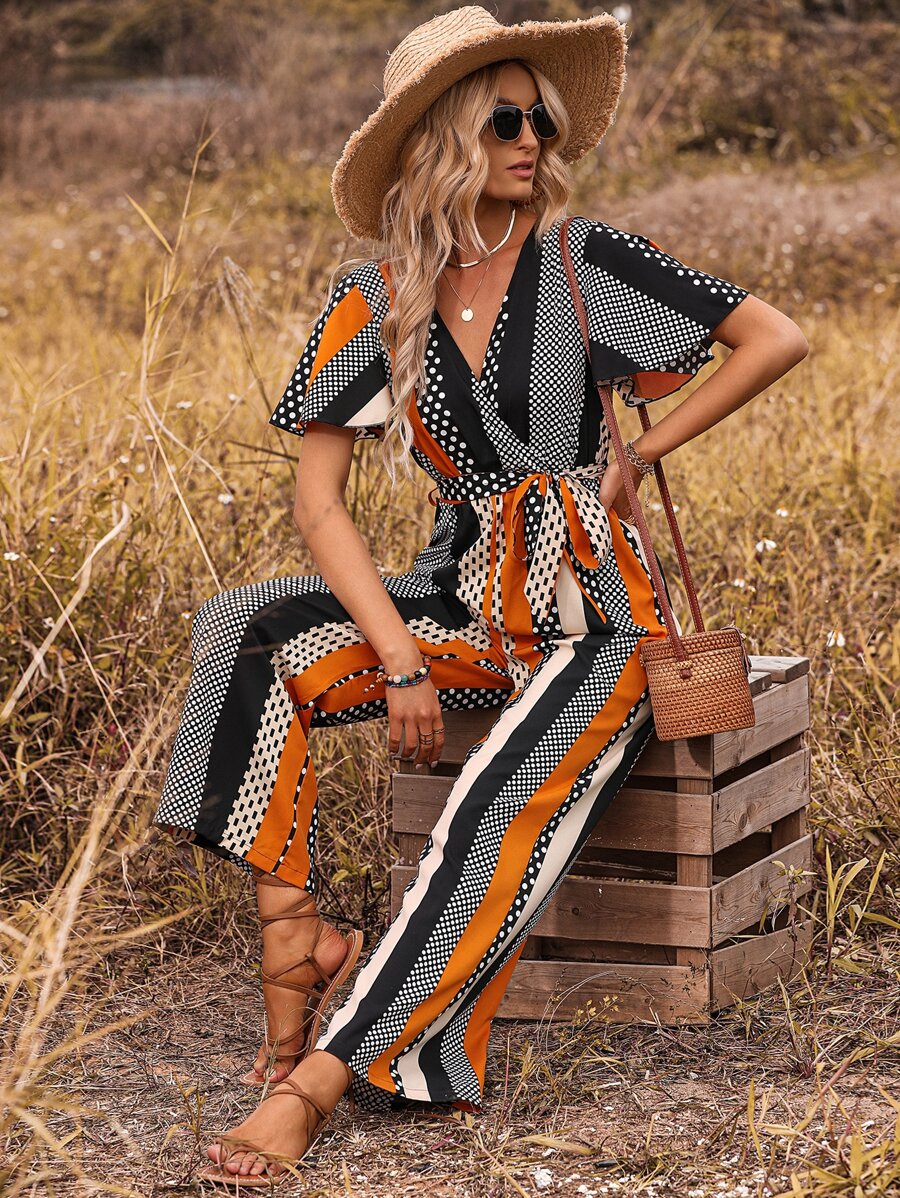 SHEIN Clasi 幾何和波點圖案蝴蝶袖腰帶連身褲 - 彩色 - 查看 1