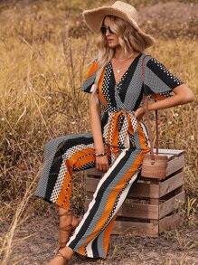 SHEIN Clasi 幾何和波點圖案蝴蝶袖腰帶連身褲 - 彩色 - 查看 3