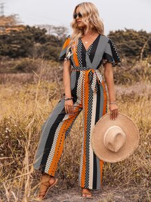 SHEIN Clasi 幾何和波點圖案蝴蝶袖腰帶連身褲 - 彩色 - 查看 5