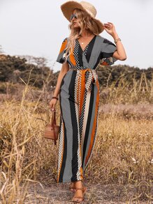 SHEIN Clasi 幾何和波點圖案蝴蝶袖腰帶連身褲 - 彩色 - 查看 6