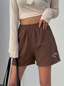 DAZY 字母圖案彈性腰帶短褲 - 咖啡棕 - 查看 1